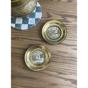 Vintage Brass Frame Mini Pastoral Scene Wall Plaque Cottage Landscape Foil Set